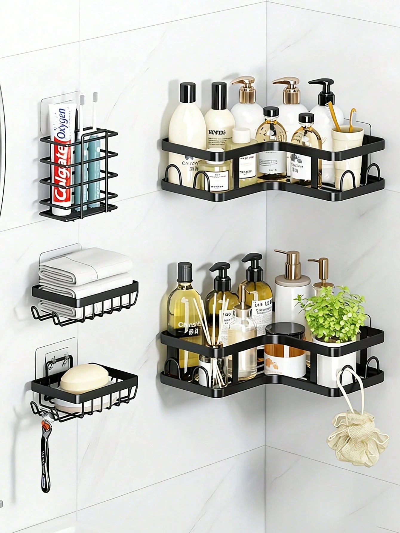 5pcs Stainless Steel Bathroom Storage Rack Set, Corner Shower Caddy, Wall Mounted Adhesive Shower Organizer, Load Capacity Less Than 10kg, Suitable For Bathroom, Kitchen And Living Room Corner Storage