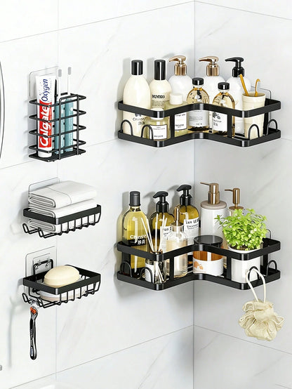 5pcs Stainless Steel Bathroom Storage Rack Set, Corner Shower Caddy, Wall Mounted Adhesive Shower Organizer, Load Capacity Less Than 10kg, Suitable For Bathroom, Kitchen And Living Room Corner Storage