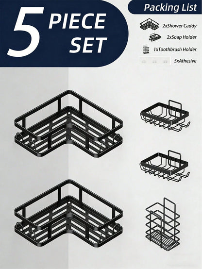 5pcs Stainless Steel Bathroom Storage Rack Set, Corner Shower Caddy, Wall Mounted Adhesive Shower Organizer, Load Capacity Less Than 10kg, Suitable For Bathroom, Kitchen And Living Room Corner Storage