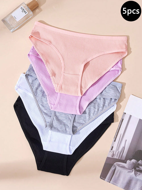 5pcs Teen Girl Minimalist Ribbed Design Comfortable Panty Set,Summer,Travel Sleep White Black