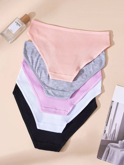 5pcs Teen Girl Minimalist Ribbed Design Comfortable Panty Set,Summer,Travel Sleep White Black