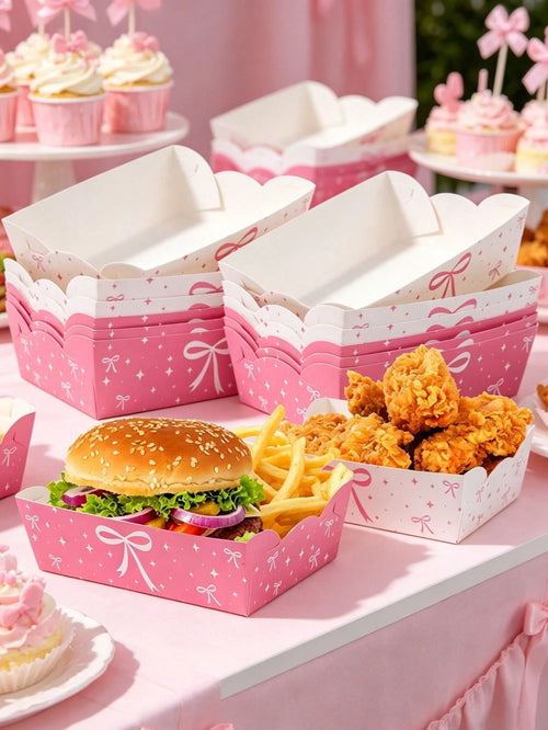 6/12pcs Pink Bow Disposable Paper Plates, Snack Food Trays, Birthday Party One-Time Food Containers, Kitchen Baking Trays, Fries Boxes, Popcorn Boxes, Wedding Candy Boxes, Girl's Pink Birthday Party D
