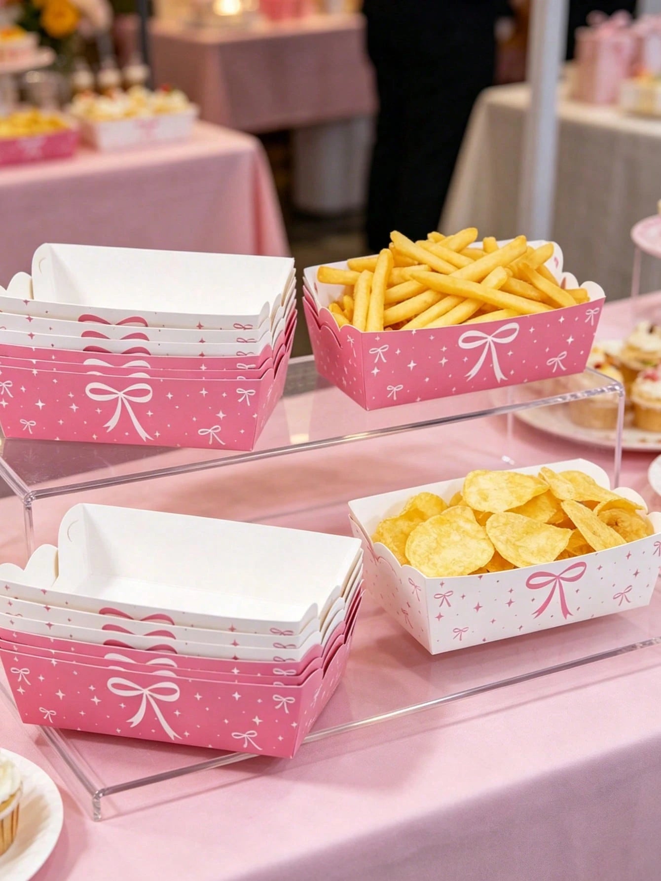 6/12pcs Pink Bow Disposable Paper Plates, Snack Food Trays, Birthday Party One-Time Food Containers, Kitchen Baking Trays, Fries Boxes, Popcorn Boxes, Wedding Candy Boxes, Girl's Pink Birthday Party D