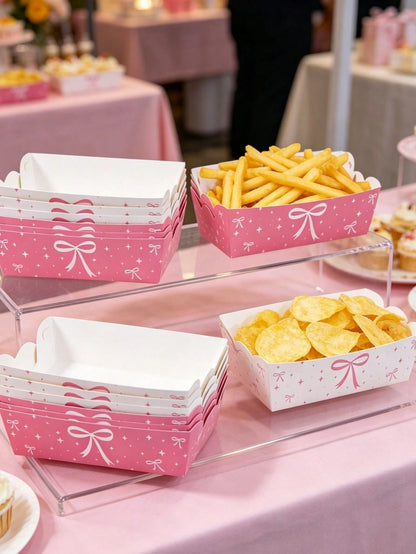 6/12pcs Pink Bow Disposable Paper Plates, Snack Food Trays, Birthday Party One-Time Food Containers, Kitchen Baking Trays, Fries Boxes, Popcorn Boxes, Wedding Candy Boxes, Girl's Pink Birthday Party D