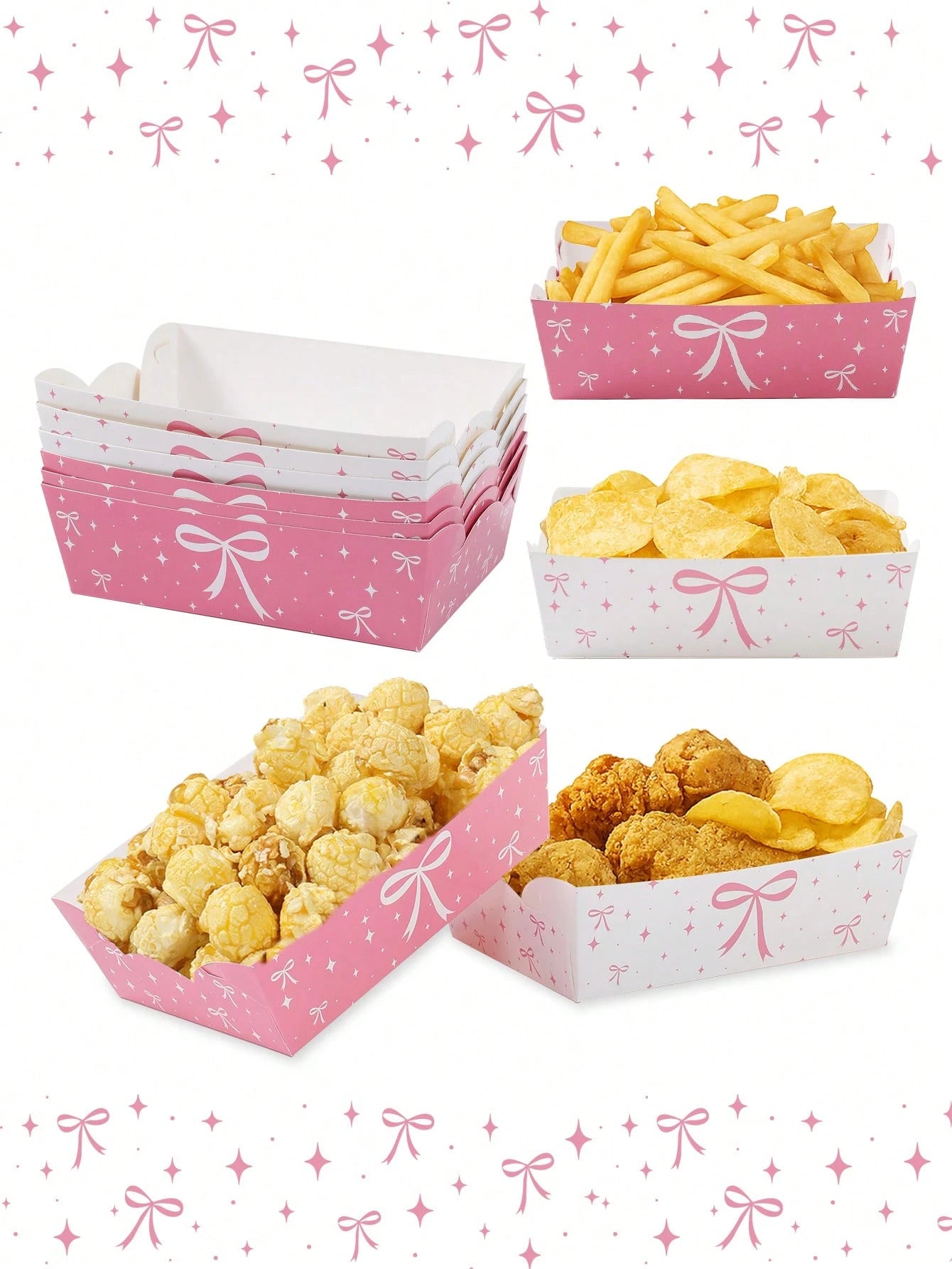 6/12pcs Pink Bow Disposable Paper Plates, Snack Food Trays, Birthday Party One-Time Food Containers, Kitchen Baking Trays, Fries Boxes, Popcorn Boxes, Wedding Candy Boxes, Girl's Pink Birthday Party D