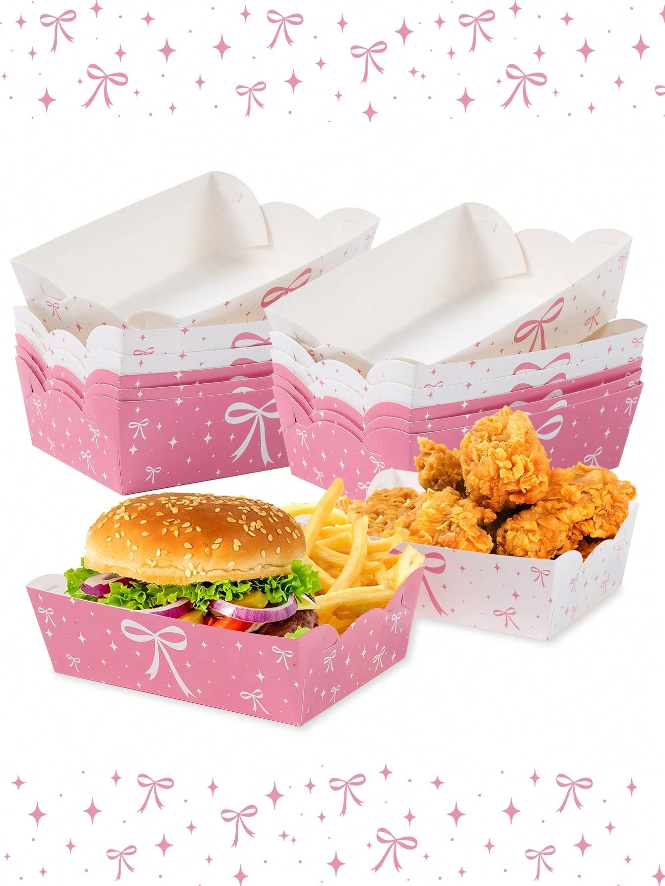6/12pcs Pink Bow Disposable Paper Plates, Snack Food Trays, Birthday Party One-Time Food Containers, Kitchen Baking Trays, Fries Boxes, Popcorn Boxes, Wedding Candy Boxes, Girl's Pink Birthday Party D