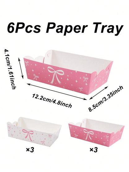 6/12pcs Pink Bow Disposable Paper Plates, Snack Food Trays, Birthday Party One-Time Food Containers, Kitchen Baking Trays, Fries Boxes, Popcorn Boxes, Wedding Candy Boxes, Girl's Pink Birthday Party D