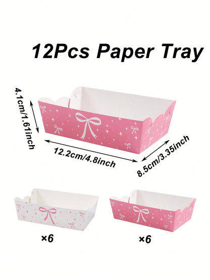6/12pcs Pink Bow Disposable Paper Plates, Snack Food Trays, Birthday Party One-Time Food Containers, Kitchen Baking Trays, Fries Boxes, Popcorn Boxes, Wedding Candy Boxes, Girl's Pink Birthday Party D