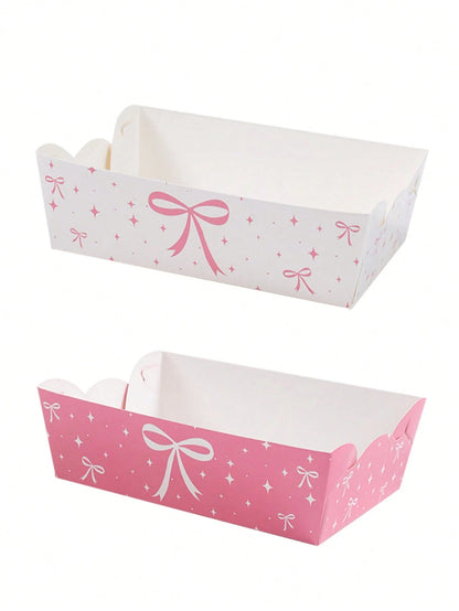 6/12pcs Pink Bow Disposable Paper Plates, Snack Food Trays, Birthday Party One-Time Food Containers, Kitchen Baking Trays, Fries Boxes, Popcorn Boxes, Wedding Candy Boxes, Girl's Pink Birthday Party D