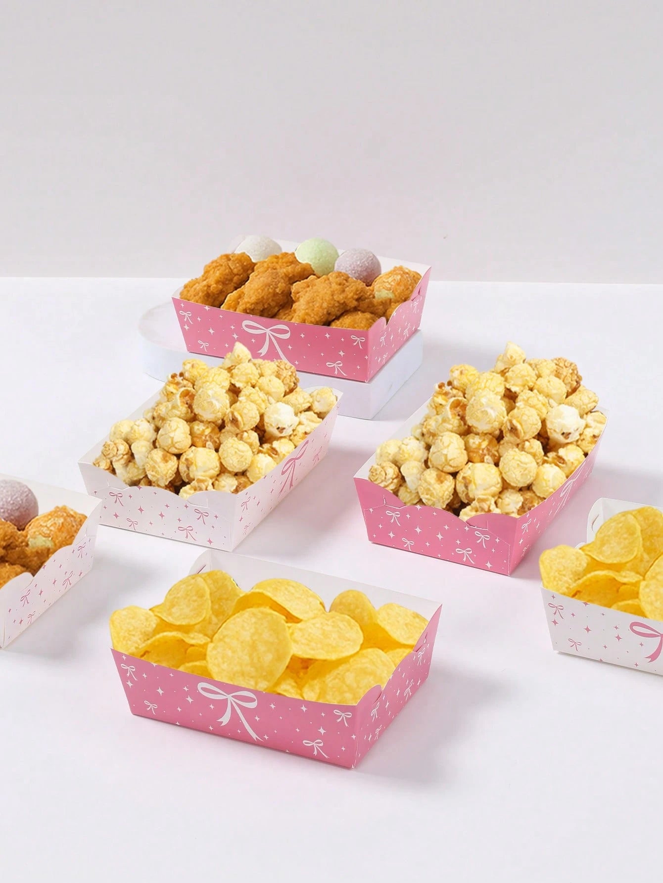 6/12pcs Pink Bow Disposable Paper Plates, Snack Food Trays, Birthday Party One-Time Food Containers, Kitchen Baking Trays, Fries Boxes, Popcorn Boxes, Wedding Candy Boxes, Girl's Pink Birthday Party D