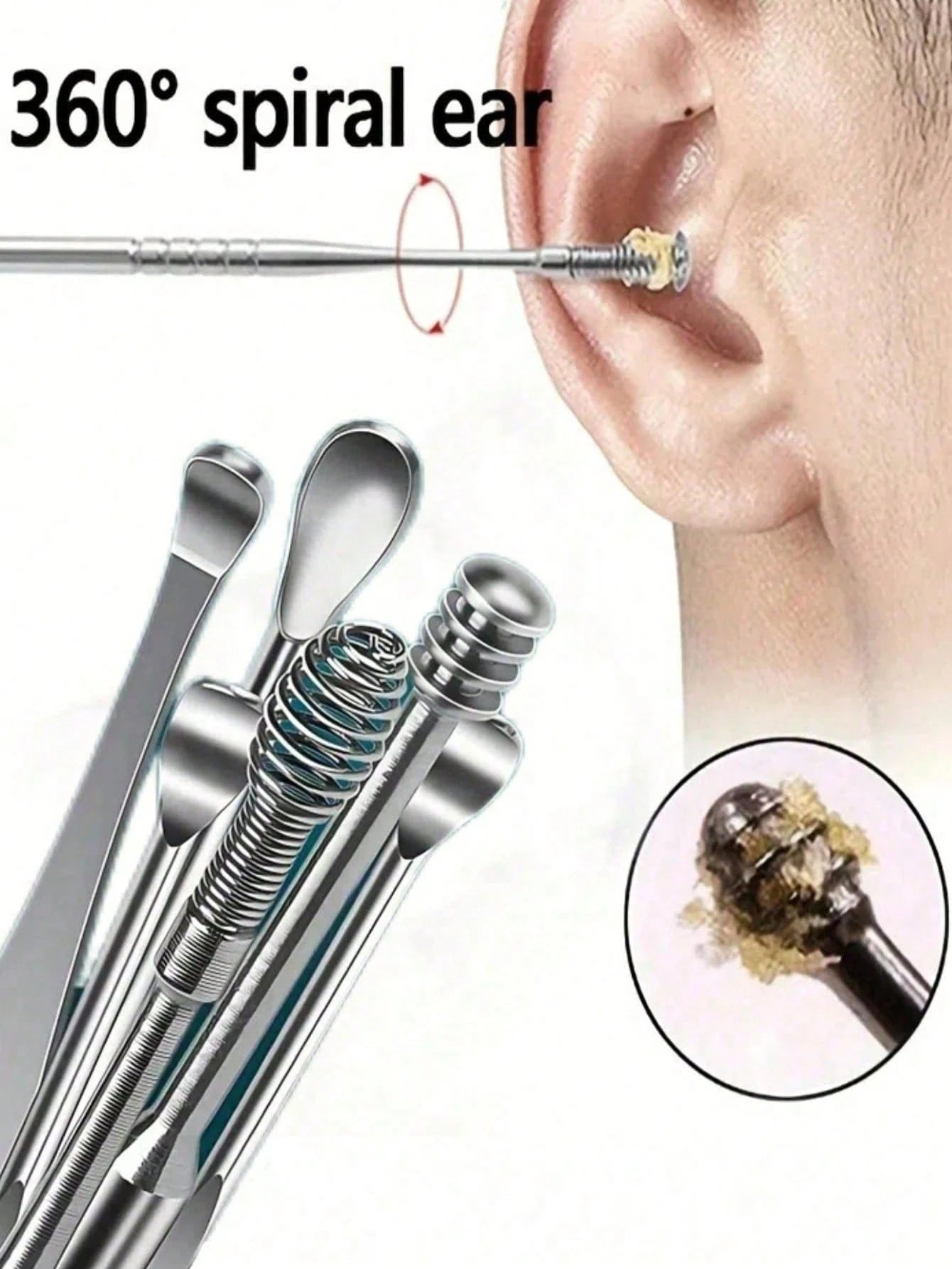 6/1pc Portable Leather Ear Wax Removal Kit, Includes Ear Spoon, Spiral Spring Ear Cleaner, Travel Size Ear Pick Set, New Stainless Steel Spiral Design, For Adults, No Battery Required, No Power Needed