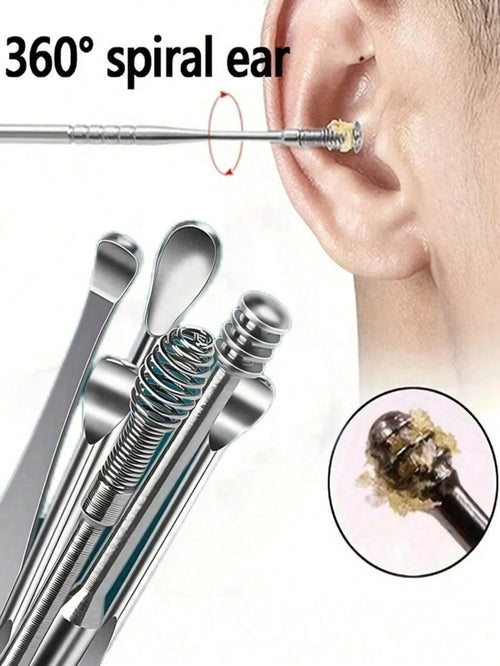 6/1pc Portable Leather Ear Wax Removal Kit, Includes Ear Spoon, Spiral Spring Ear Cleaner, Travel Size Ear Pick Set, New Stainless Steel Spiral Design, For Adults, No Battery Required, No Power Needed