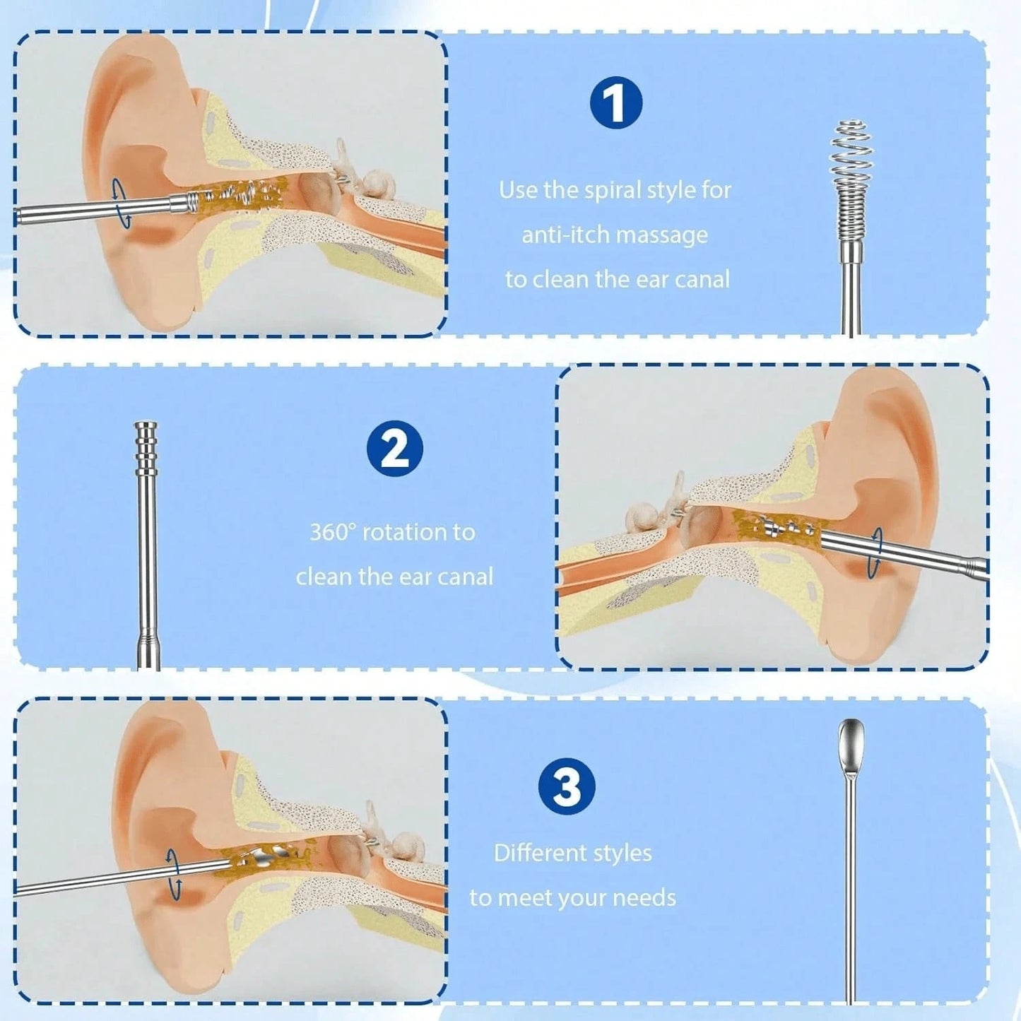 6/1pc Portable Leather Ear Wax Removal Kit, Includes Ear Spoon, Spiral Spring Ear Cleaner, Travel Size Ear Pick Set, New Stainless Steel Spiral Design, For Adults, No Battery Required, No Power Needed