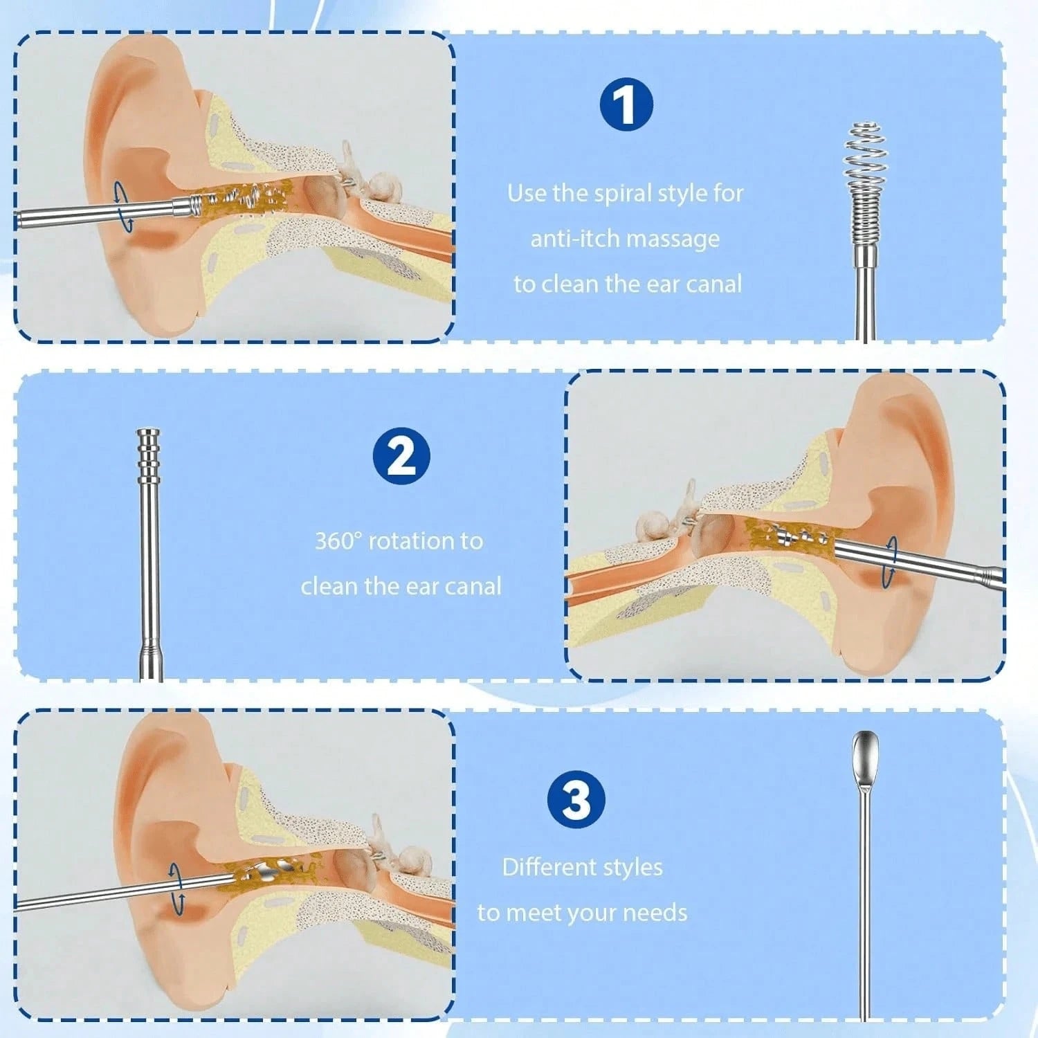 6/1pc Portable Leather Ear Wax Removal Kit, Includes Ear Spoon, Spiral Spring Ear Cleaner, Travel Size Ear Pick Set, New Stainless Steel Spiral Design, For Adults, No Battery Required, No Power Needed