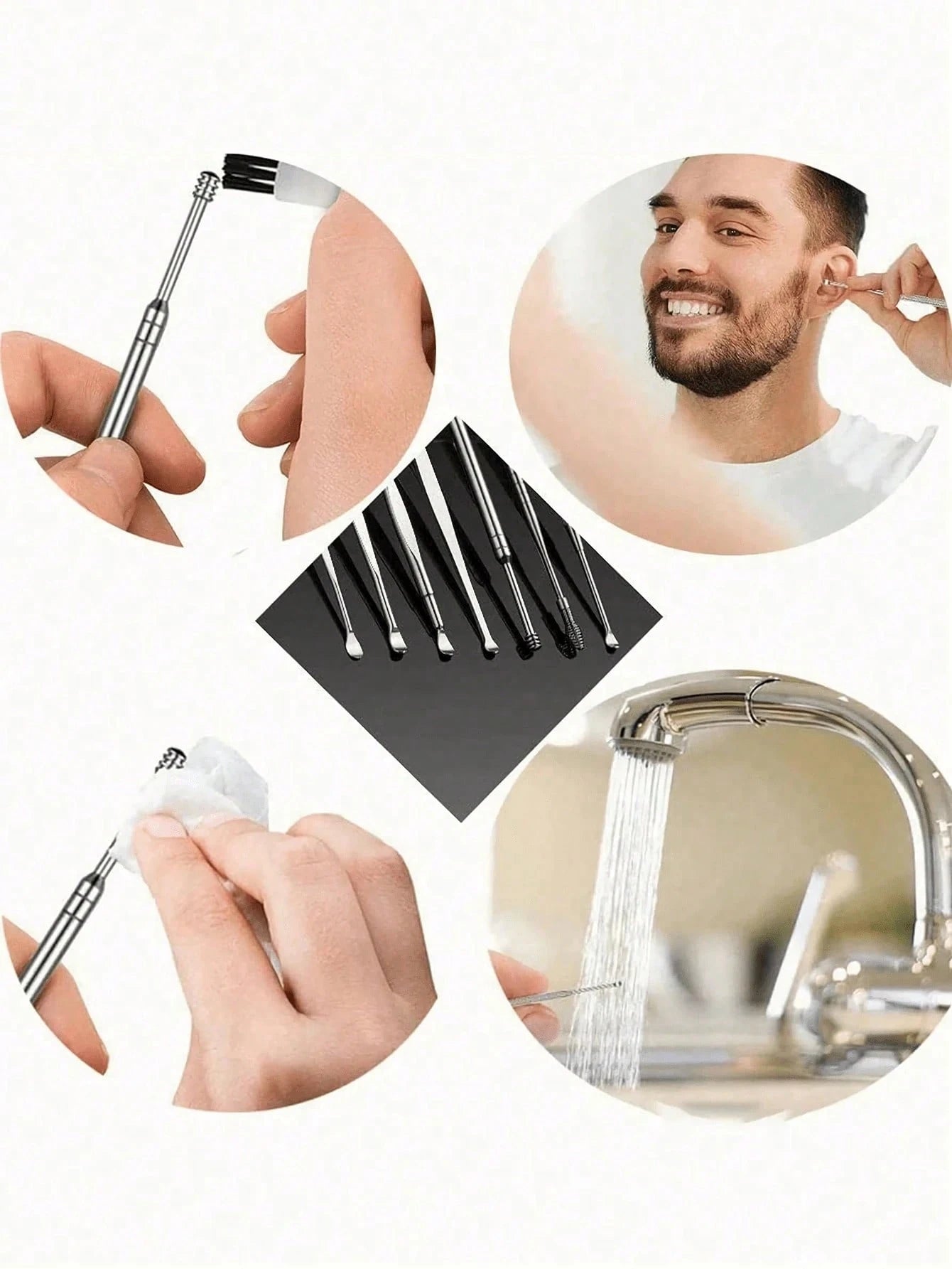 6/1pc Portable Leather Ear Wax Removal Kit, Includes Ear Spoon, Spiral Spring Ear Cleaner, Travel Size Ear Pick Set, New Stainless Steel Spiral Design, For Adults, No Battery Required, No Power Needed