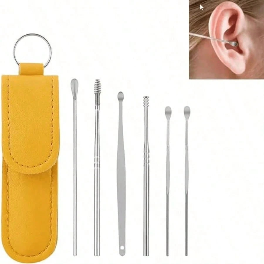 6/1pc Portable Leather Ear Wax Removal Kit, Includes Ear Spoon, Spiral Spring Ear Cleaner, Travel Size Ear Pick Set, New Stainless Steel Spiral Design, For Adults, No Battery Required, No Power Needed