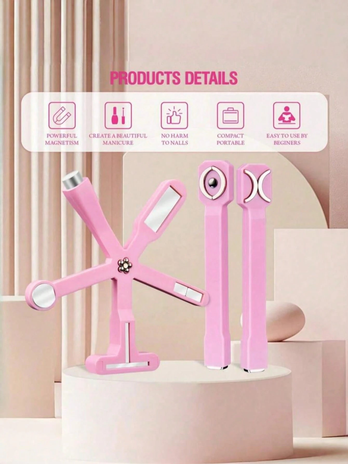 6-In-1 Cat Eye Magnetic Nail Art Tool Set, Pink Multi-Functional Cat Eye Gel Polish Magnetic Stick With Detachable Heart-Shaped Head, Strong Magnetic Nail Art Pen For Creating 3D Cat Eye, Heart, Flora