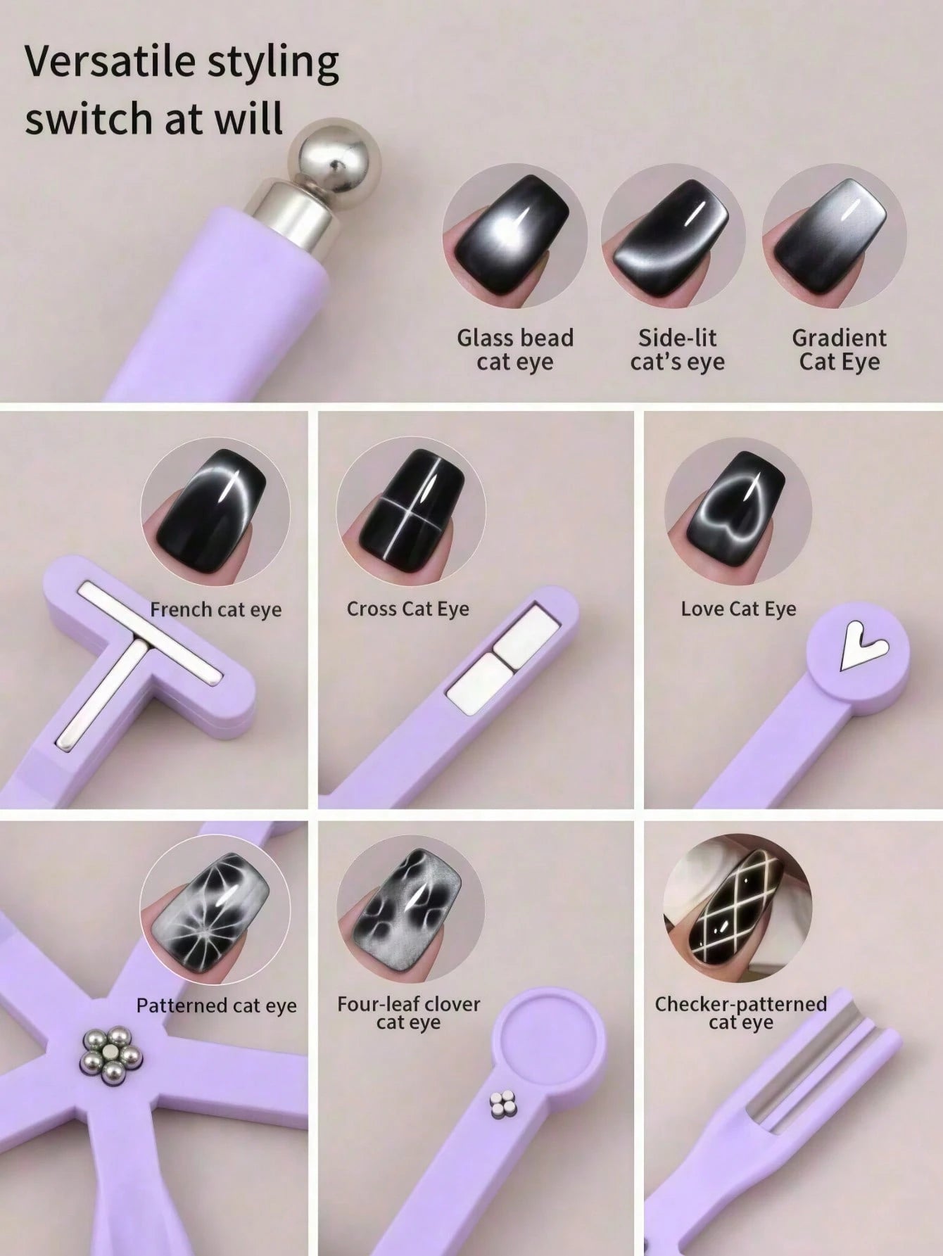 6-In-1 Cat Eye Magnetic Nail Art Tool Set, Pink Multi-Functional Cat Eye Gel Polish Magnetic Stick With Detachable Heart-Shaped Head, Strong Magnetic Nail Art Pen For Creating 3D Cat Eye, Heart, Flora