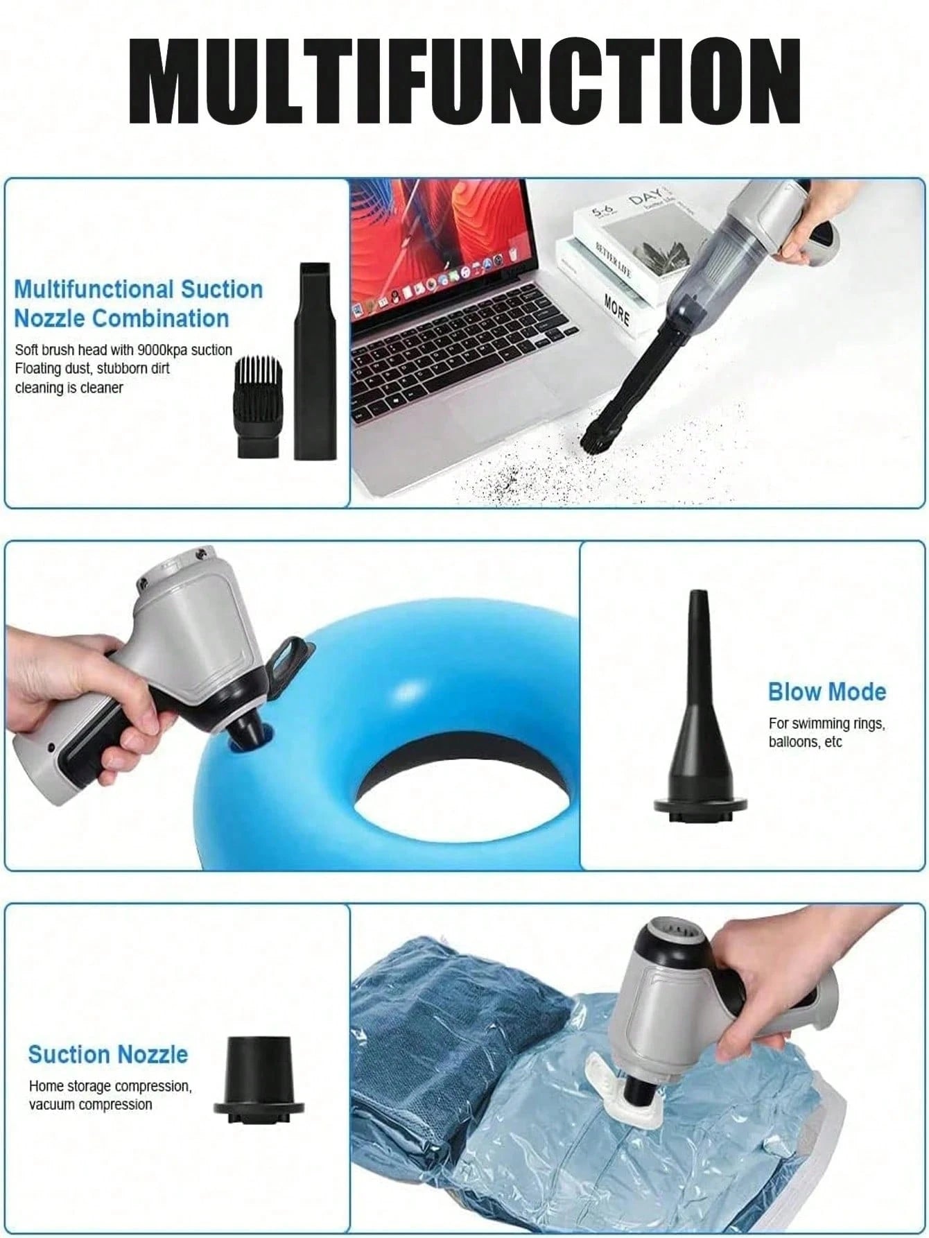 6-In-1 Portable Wireless Vacuum Cleaner, 2400mAh Rechargeable Battery High Power Mini Vacuum, With Brushless Motor Air Blower And Pump, Handheld Vacuum Cleaner, Suitable For Car, Home, Office, Camping