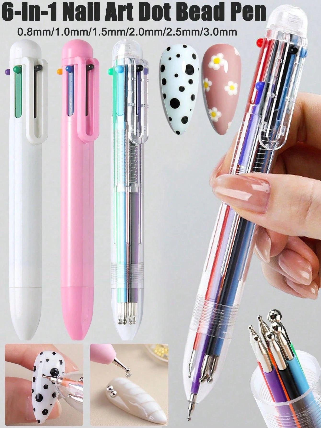 6-In-1 Professional Nail Art Dotting Pen, Pressure Activated, 6 Rotating Drill Bits & Gems Multi-Function Nail Art Tool, Suitable For Painting, Gradient, Striping, Dotting, Ideal For Nail Salons And B