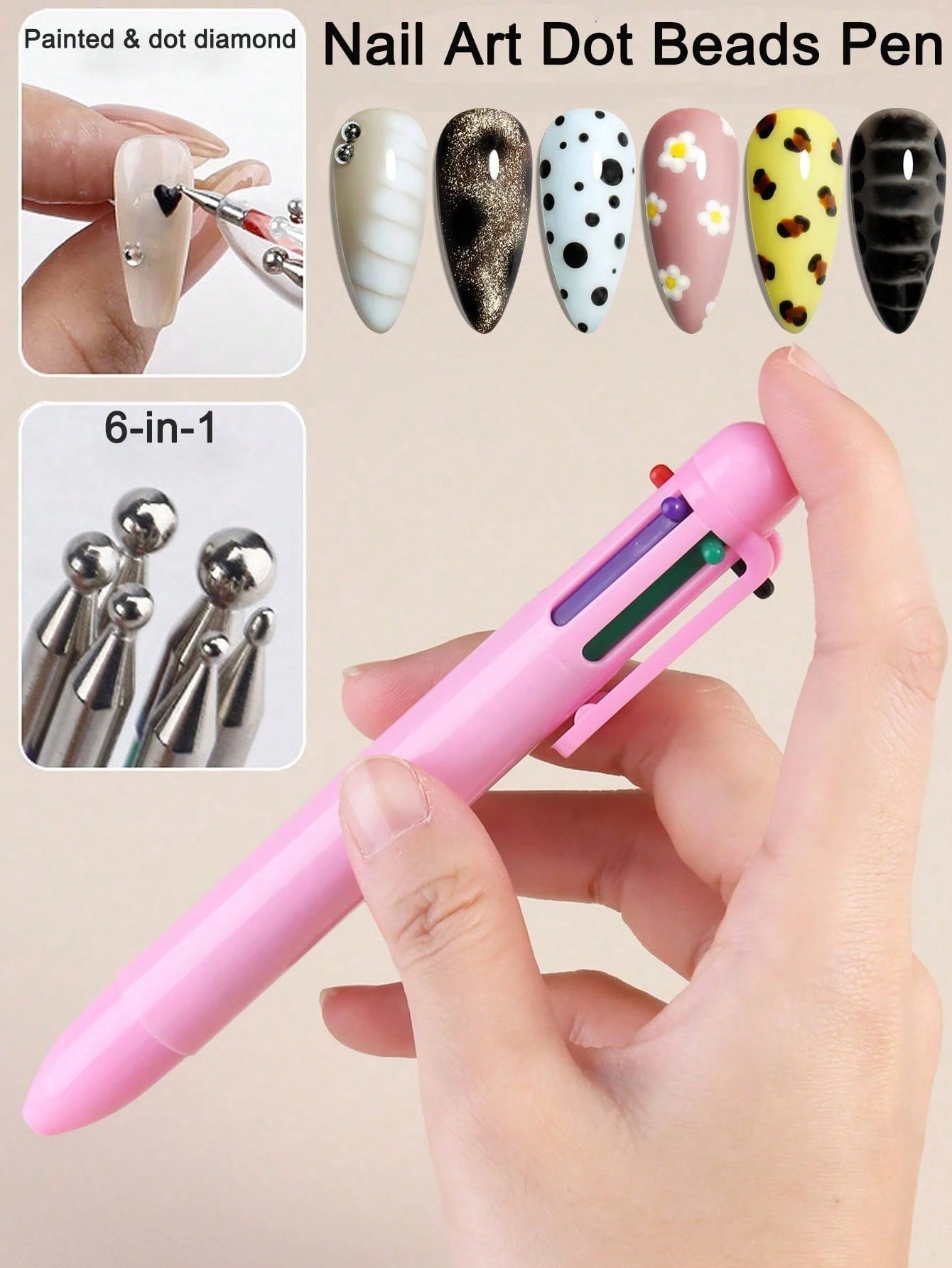 6-In-1 Professional Nail Art Dotting Pen, Pressure Activated, 6 Rotating Drill Bits & Gems Multi-Function Nail Art Tool, Suitable For Painting, Gradient, Striping, Dotting, Ideal For Nail Salons And B