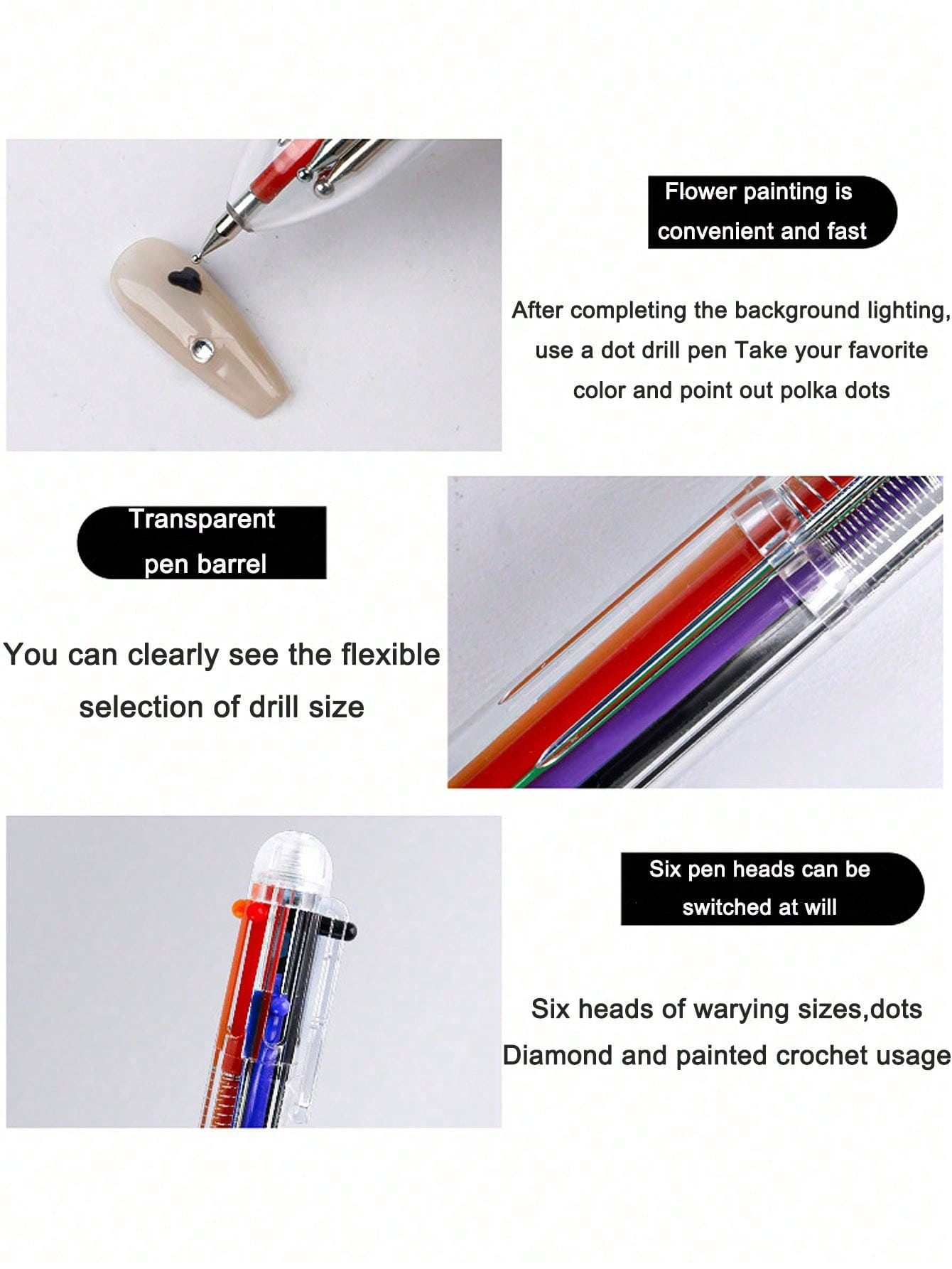 6-In-1 Professional Nail Art Dotting Pen, Pressure Activated, 6 Rotating Drill Bits & Gems Multi-Function Nail Art Tool, Suitable For Painting, Gradient, Striping, Dotting, Ideal For Nail Salons And B