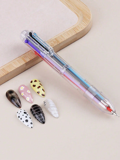 6-In-1 Professional Nail Art Dotting Pen, Pressure Activated, 6 Rotating Drill Bits & Gems Multi-Function Nail Art Tool, Suitable For Painting, Gradient, Striping, Dotting, Ideal For Nail Salons And B