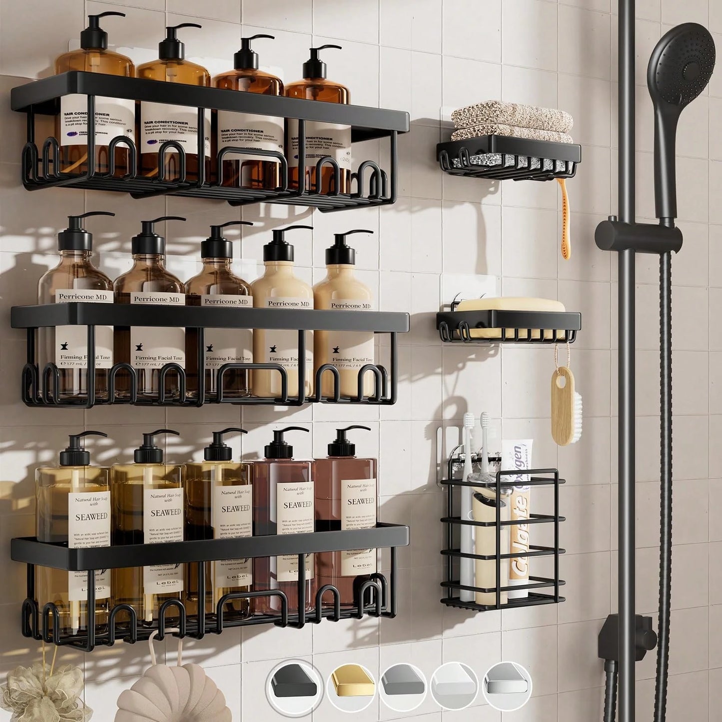 6 Pcs-Shower Caddy, Bathroom Shower Organizers, Black Shower Shelves For Inside Shower, Stainless Steel Wall Rack Baskets Adhesives Mounted Baskets, Bins & Containers Back To School