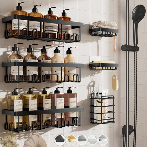 6 Pcs-Shower Caddy, Bathroom Shower Organizers, Black Shower Shelves For Inside Shower, Stainless Steel Wall Rack Baskets Adhesives Mounted Baskets, Bins & Containers Back To School