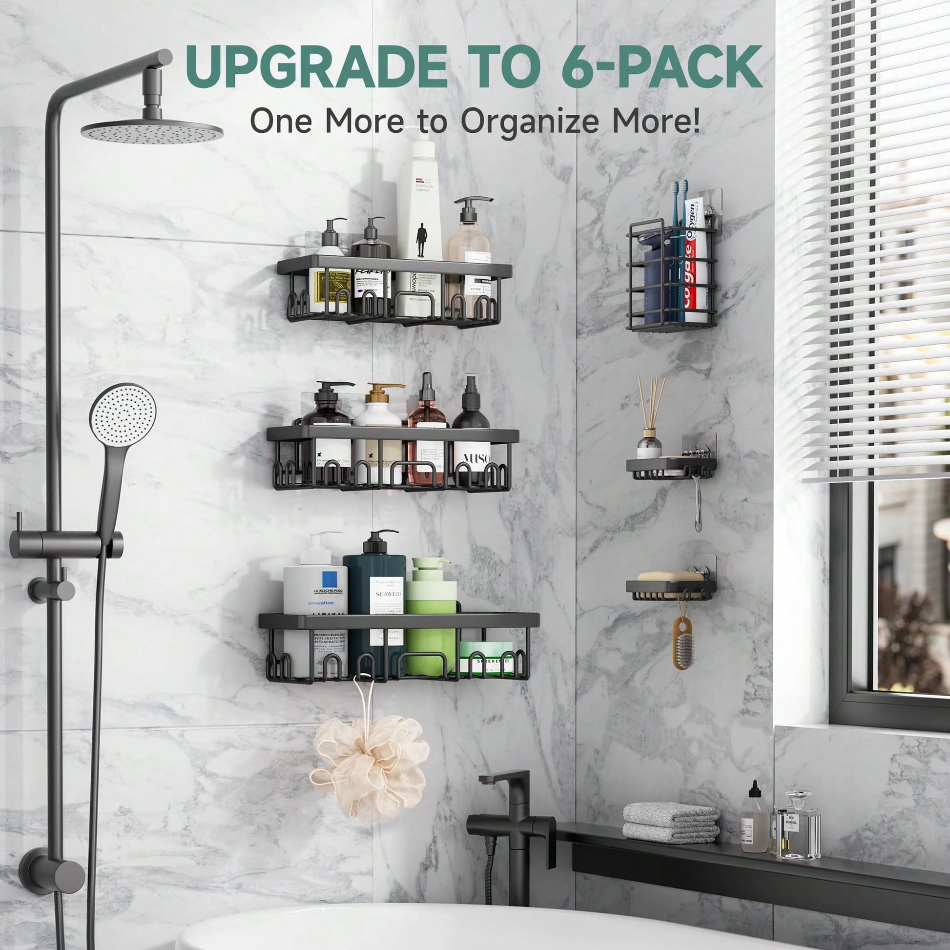 6 Pcs-Shower Caddy, Bathroom Shower Organizers, Black Shower Shelves For Inside Shower, Stainless Steel Wall Rack Baskets Adhesives Mounted Baskets, Bins & Containers Back To School