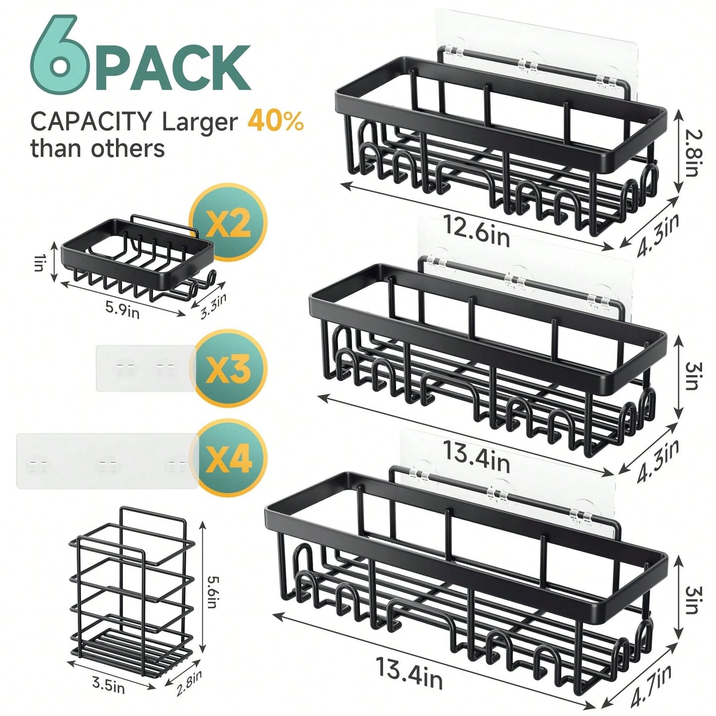 6 Pcs-Shower Caddy, Bathroom Shower Organizers, Black Shower Shelves For Inside Shower, Stainless Steel Wall Rack Baskets Adhesives Mounted Baskets, Bins & Containers Back To School