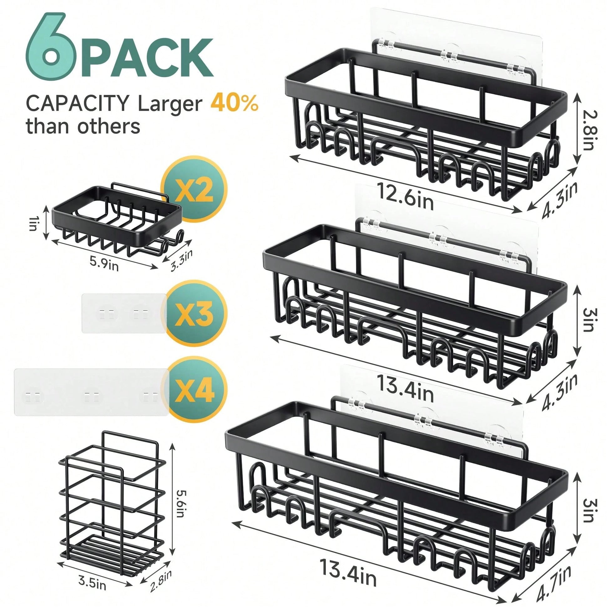 6 Pcs-Shower Caddy, Bathroom Shower Organizers, Black Shower Shelves For Inside Shower, Stainless Steel Wall Rack Baskets Adhesives Mounted Baskets, Bins & Containers Back To School