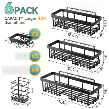 6 Pcs-Shower Caddy, Bathroom Shower Organizers, Black Shower Shelves For Inside Shower, Stainless Steel Wall Rack Baskets Adhesives Mounted Baskets, Bins & Containers Back To School