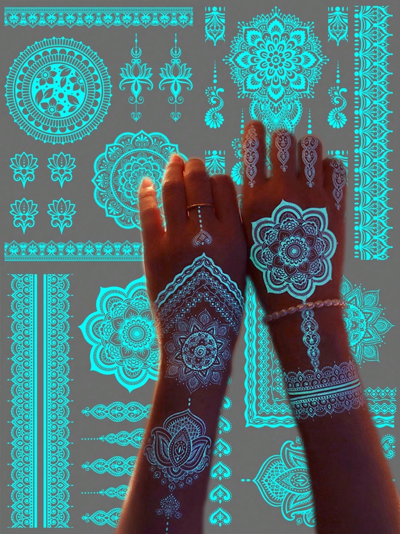 6 Sheets Blue Luminous Tattoo Stickers For Girls, White Lace Lotus Tattoos Mandala Flower Fake Jewelry Pendant Pattern,Glow In The Dark Waterproof Fake Tattoos For Arm Neck Hand Back Finger,Wedding Mu