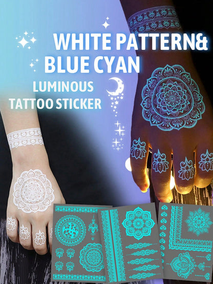 6 Sheets Blue Luminous Tattoo Stickers For Girls, White Lace Lotus Tattoos Mandala Flower Fake Jewelry Pendant Pattern,Glow In The Dark Waterproof Fake Tattoos For Arm Neck Hand Back Finger,Wedding Mu