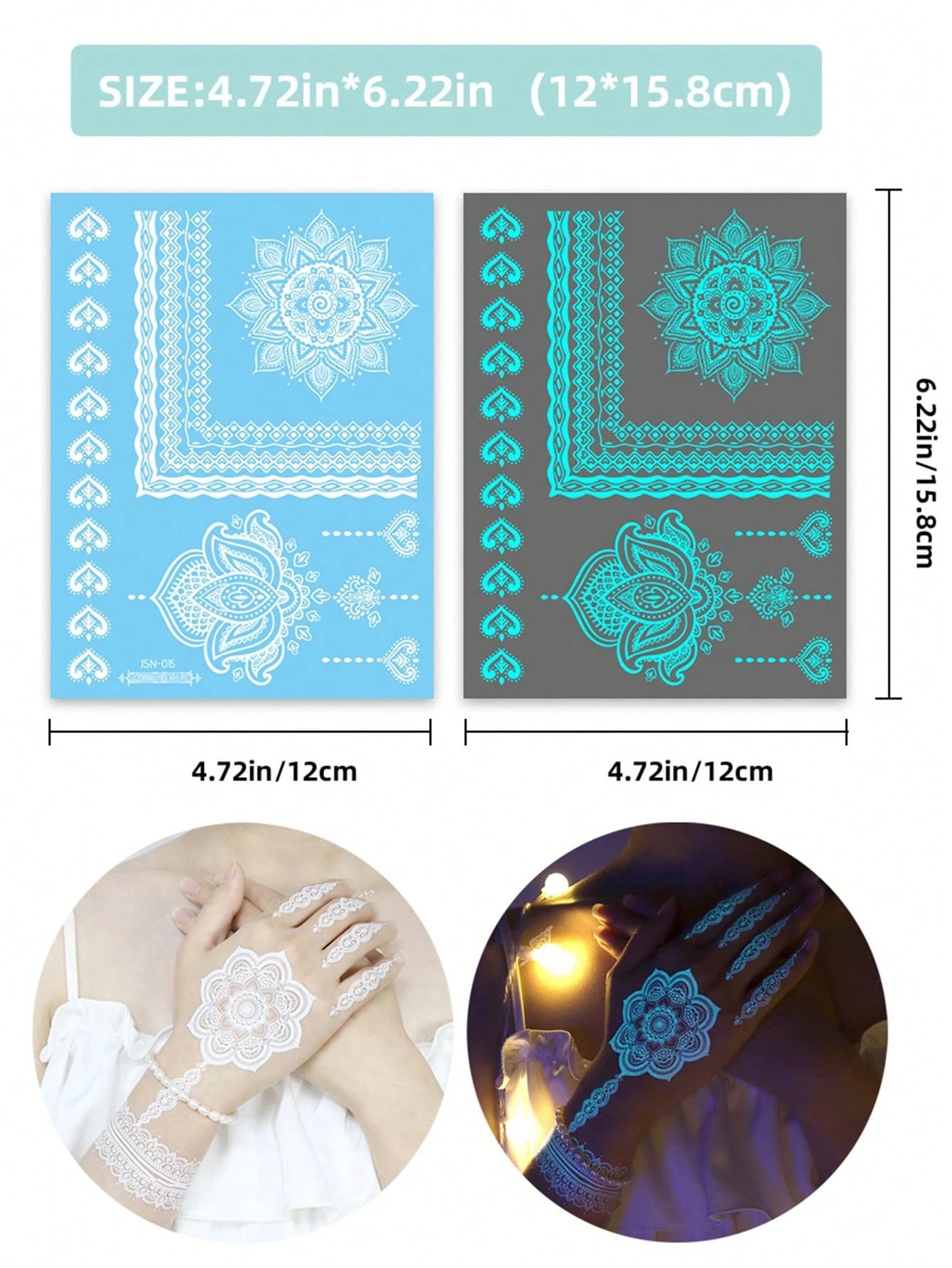 6 Sheets Blue Luminous Tattoo Stickers For Girls, White Lace Lotus Tattoos Mandala Flower Fake Jewelry Pendant Pattern,Glow In The Dark Waterproof Fake Tattoos For Arm Neck Hand Back Finger,Wedding Mu