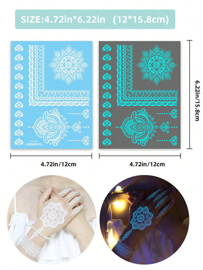 6 Sheets Blue Luminous Tattoo Stickers For Girls, White Lace Lotus Tattoos Mandala Flower Fake Jewelry Pendant Pattern,Glow In The Dark Waterproof Fake Tattoos For Arm Neck Hand Back Finger,Wedding Mu