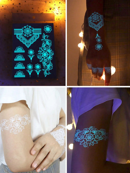 6 Sheets Blue Luminous Tattoo Stickers For Girls, White Lace Lotus Tattoos Mandala Flower Fake Jewelry Pendant Pattern,Glow In The Dark Waterproof Fake Tattoos For Arm Neck Hand Back Finger,Wedding Mu