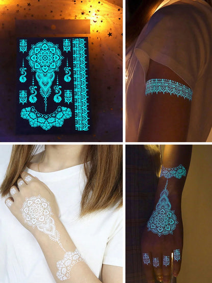 6 Sheets Blue Luminous Tattoo Stickers For Girls, White Lace Lotus Tattoos Mandala Flower Fake Jewelry Pendant Pattern,Glow In The Dark Waterproof Fake Tattoos For Arm Neck Hand Back Finger,Wedding Mu