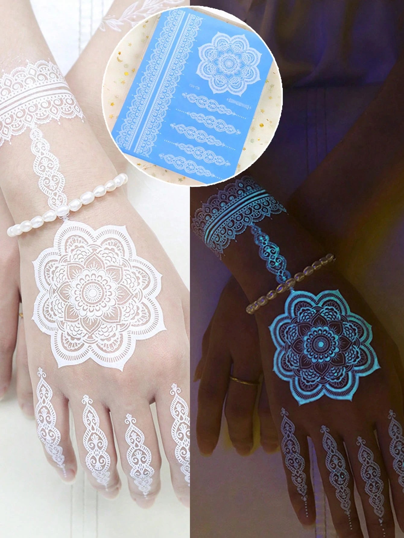 6 Sheets Blue Luminous Tattoo Stickers For Girls, White Lace Lotus Tattoos Mandala Flower Fake Jewelry Pendant Pattern,Glow In The Dark Waterproof Fake Tattoos For Arm Neck Hand Back Finger,Wedding Mu