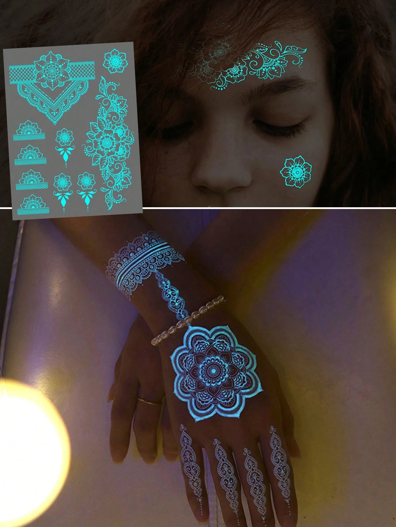 6 Sheets Blue Luminous Tattoo Stickers For Girls, White Lace Lotus Tattoos Mandala Flower Fake Jewelry Pendant Pattern,Glow In The Dark Waterproof Fake Tattoos For Arm Neck Hand Back Finger,Wedding Mu