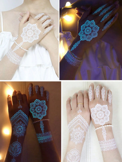 6 Sheets Blue Luminous Tattoo Stickers For Girls, White Lace Lotus Tattoos Mandala Flower Fake Jewelry Pendant Pattern,Glow In The Dark Waterproof Fake Tattoos For Arm Neck Hand Back Finger,Wedding Mu