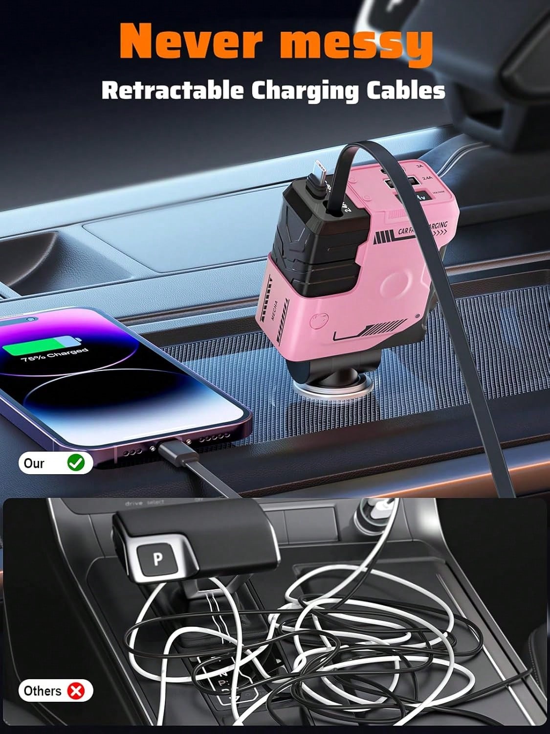 66W Retractable 4-In-1 Car Charger, Fast Car Phone Charger With 2 Retractable Cables, USB And Type-C Ports, Fast Charging Adapter Compatible With Apple And Android, Car Accessories, Gift
