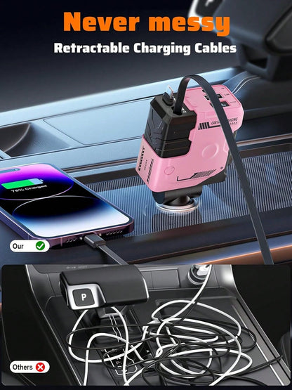 66W Retractable 4-In-1 Car Charger, Fast Car Phone Charger With 2 Retractable Cables, USB And Type-C Ports, Fast Charging Adapter Compatible With Apple And Android, Car Accessories, Gift