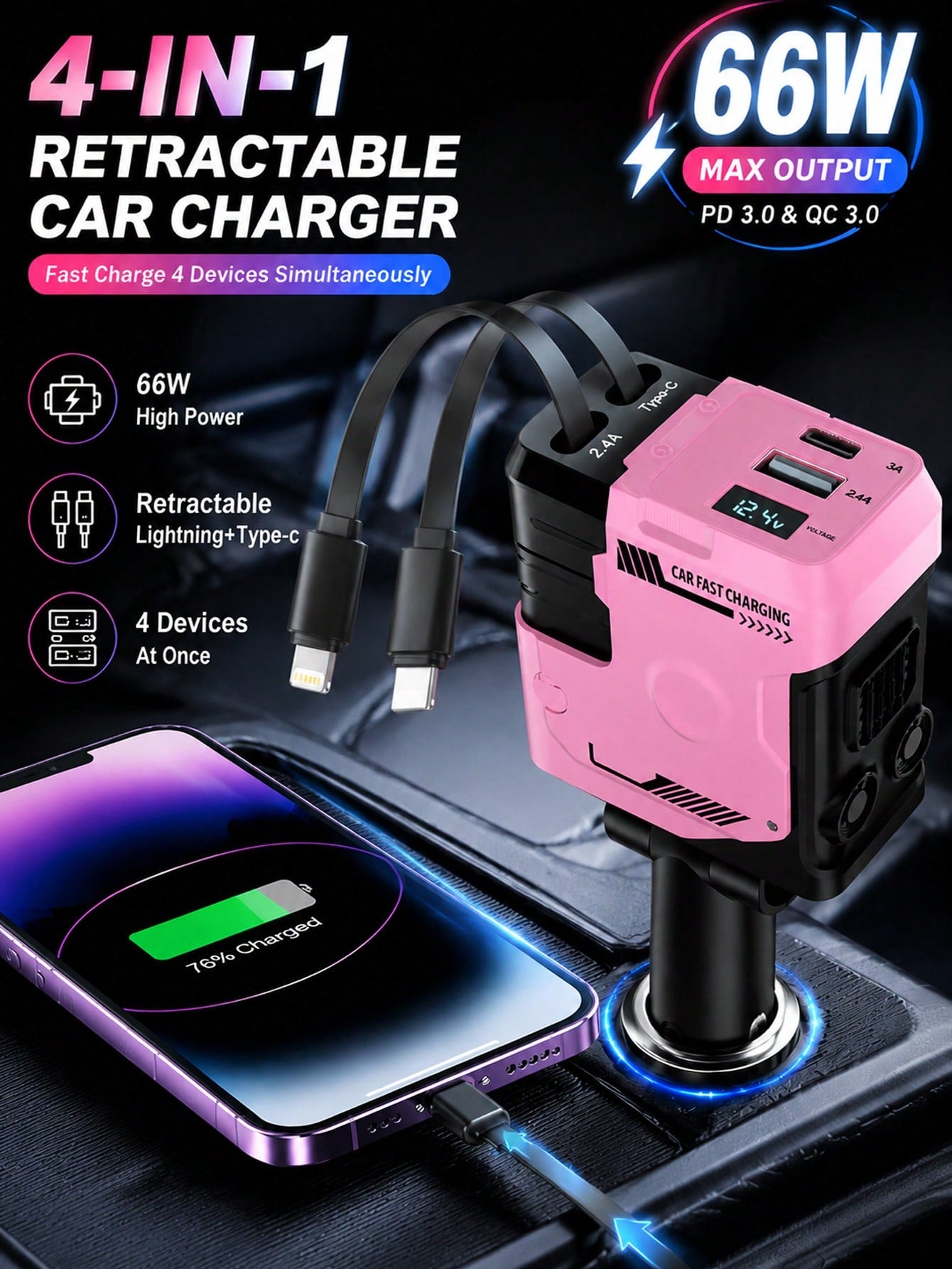 66W Retractable 4-In-1 Car Charger, Fast Car Phone Charger With 2 Retractable Cables, USB And Type-C Ports, Fast Charging Adapter Compatible With Apple And Android, Car Accessories, Gift