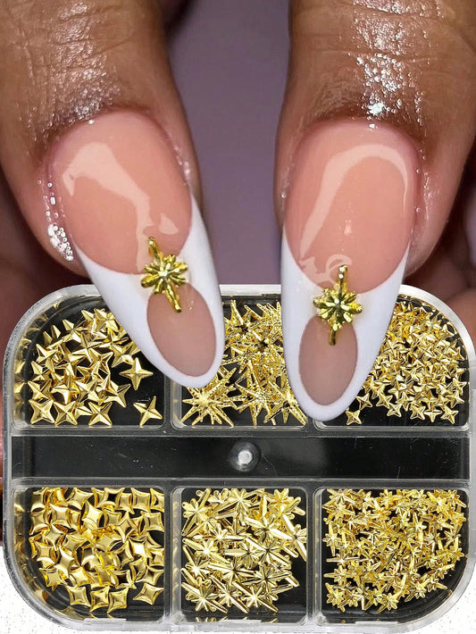 6pcs 3D Star, Pentagon, Gold Metal Nail Art Decorations- Triangle, Square, Exploding Star, Cross Star, Y2K Japanese Nail Jewelry, DIY Nail Gems Nails Nail Supplies Nail Charms
