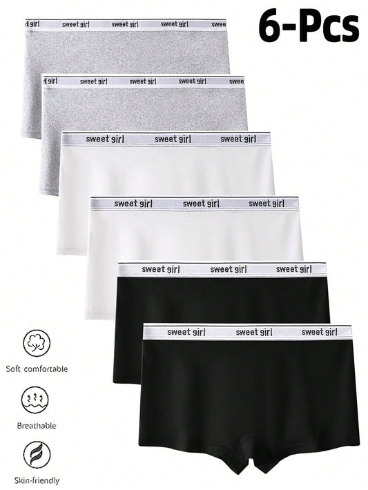 6pcs Girls' Black, White & Gray Solid Color Breathable Seamless Briefs, Lightweight Polyester Fabric Anti-Chafing Panties