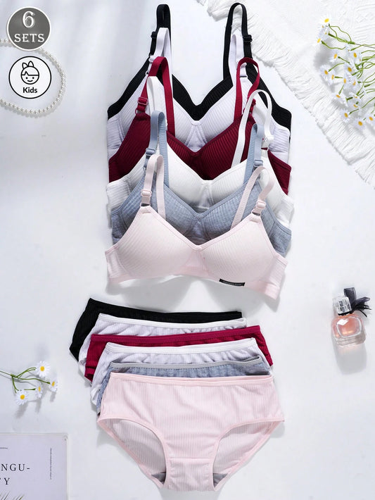 6pcs Girls' Underwear Set, Comfortable Triangle Bra And Mid-Waist Solid Color Panties Set