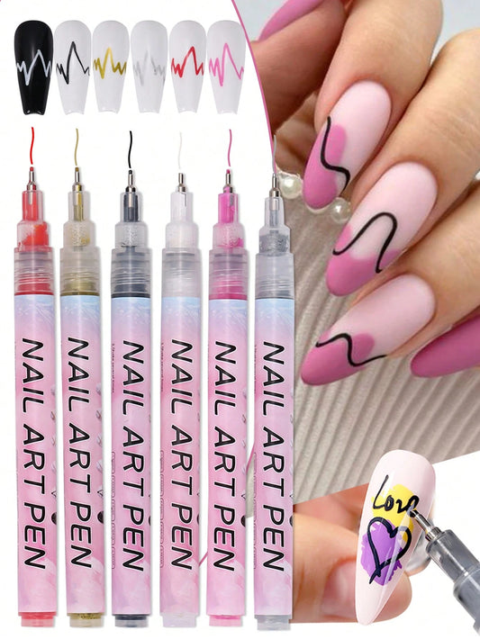 6pcs Nail Art Markers, Gold, Silver, Black, White, Red, Pink, Painting Outline Pens, DIY Floral Abstract Line Nail Art Pens, DIY Nail Decoration Supplies