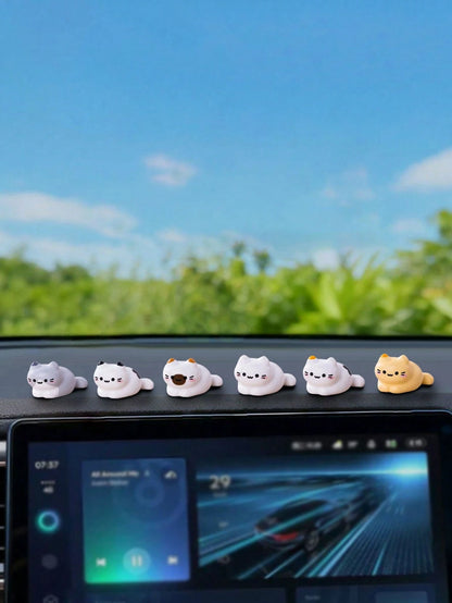 6pcs Random Cute Mini Plush Cat Car Decor, Creative Ornament For Car Dashboard Display, DIY Accessory